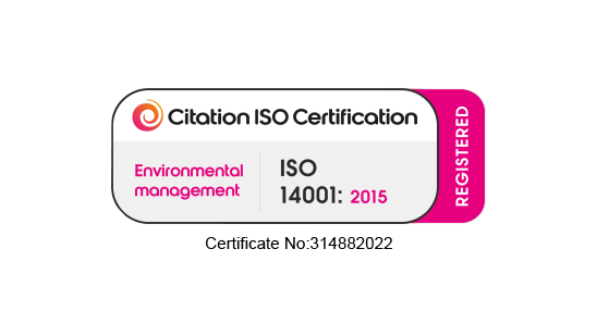Certification badge showing ISO 14001:2015 environmental management system registration, labeled &ldquo;Citation ISO Certification&rdquo; with a &ldquo;Registered&rdquo; mark. Suitable for communicating accredited EMS compliance and audit readiness to regulated industries requiring independent certification and continual improvement in environmental performance.