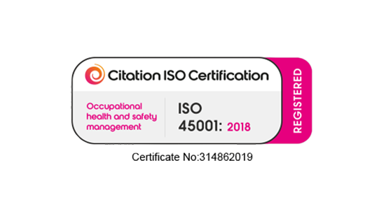 Citation ISO Certification badge for ISO 45001:2018 Occupational Health and Safety Management, shown with a &ldquo;Registered&rdquo; mark on the right. Suitable for illustrating accredited OH&S management system certification, audit readiness and compliance commitments in regulated, safety-critical industrial environments.