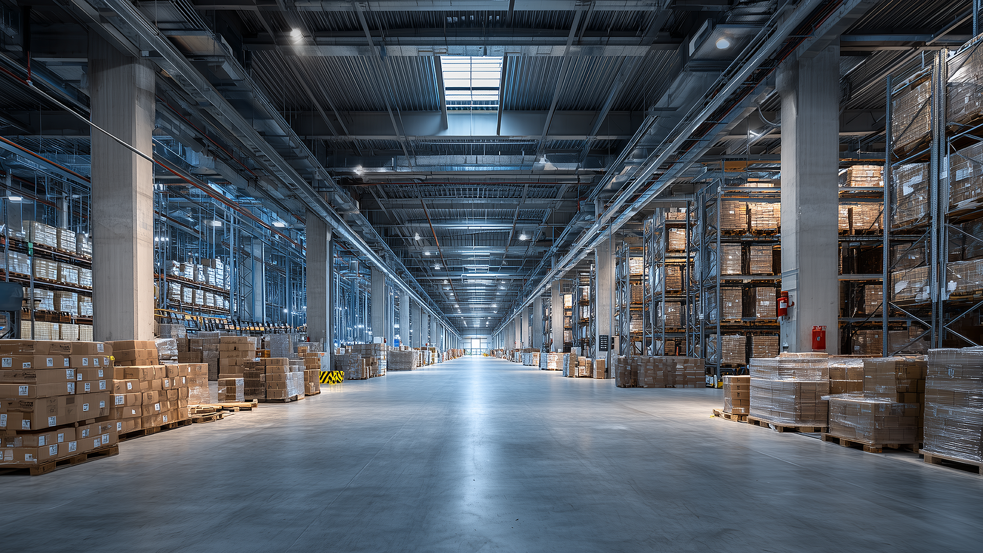 Wide-angle view down a modern distribution warehouse with high-bay racking, palletized cartons, and clear loading aisles under bright industrial lighting. Conveys controlled storage, traceability, and operational discipline&mdash;ideal for highlighting independent inspection, inventory verification, and supply chain integrity audits in regulated environments.
