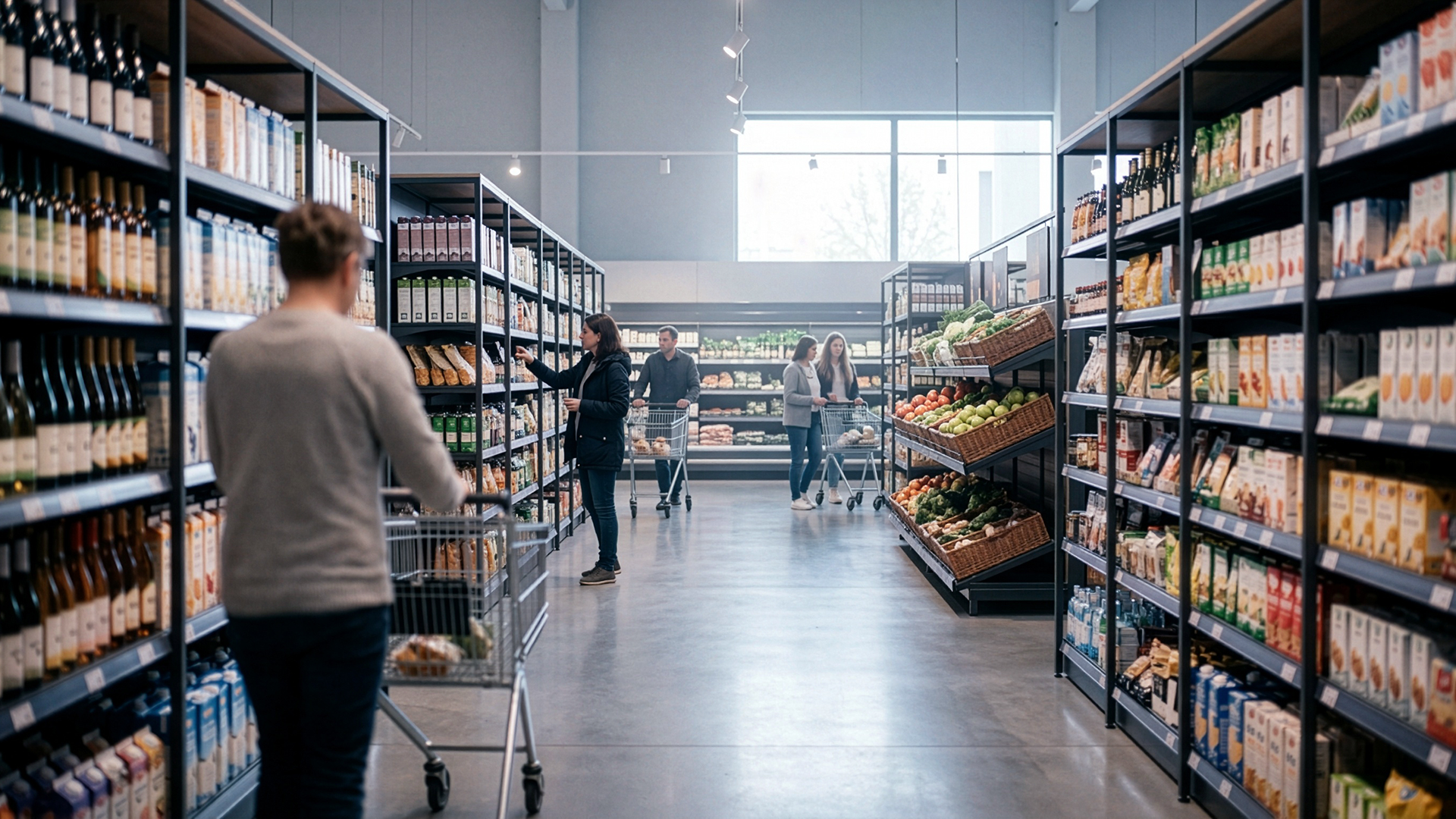 Wide-angle view of a modern supermarket aisle with fresh produce displays on the left, refrigerated cases and packaged beverages on the right, and shoppers with carts in the center. Ideal for illustrating independent retail audits, food safety compliance, and supply chain quality assurance in regulated environments. Wide-angle view of a modern supermarket aisle with fresh produce displays on the left, refrigerated cases and packaged beverages on the right, and shoppers with carts in the center. Ideal for illustrating independent retail audits, food safety compliance, and supply chain quality assurance in regulated environments.