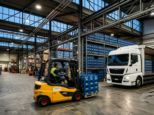 Inside a high-bay warehouse, a forklift transports palletised goods past racked inventory while a truck is positioned for unloading. The wide central aisle and on-floor activity reflect controlled receiving, stock accuracy and supply chain integrity&mdash;supporting independent inspection, audit and compliance in regulated logistics operations.